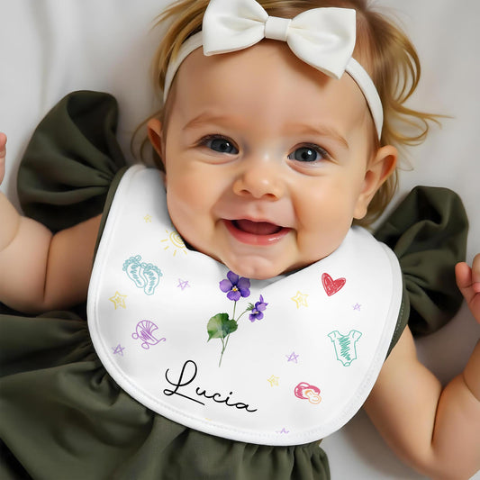 Celebrate Your Little One with Sun, Flower, Heart, Pram, and Stars - Personalized Baby Bib - KID067_BBB