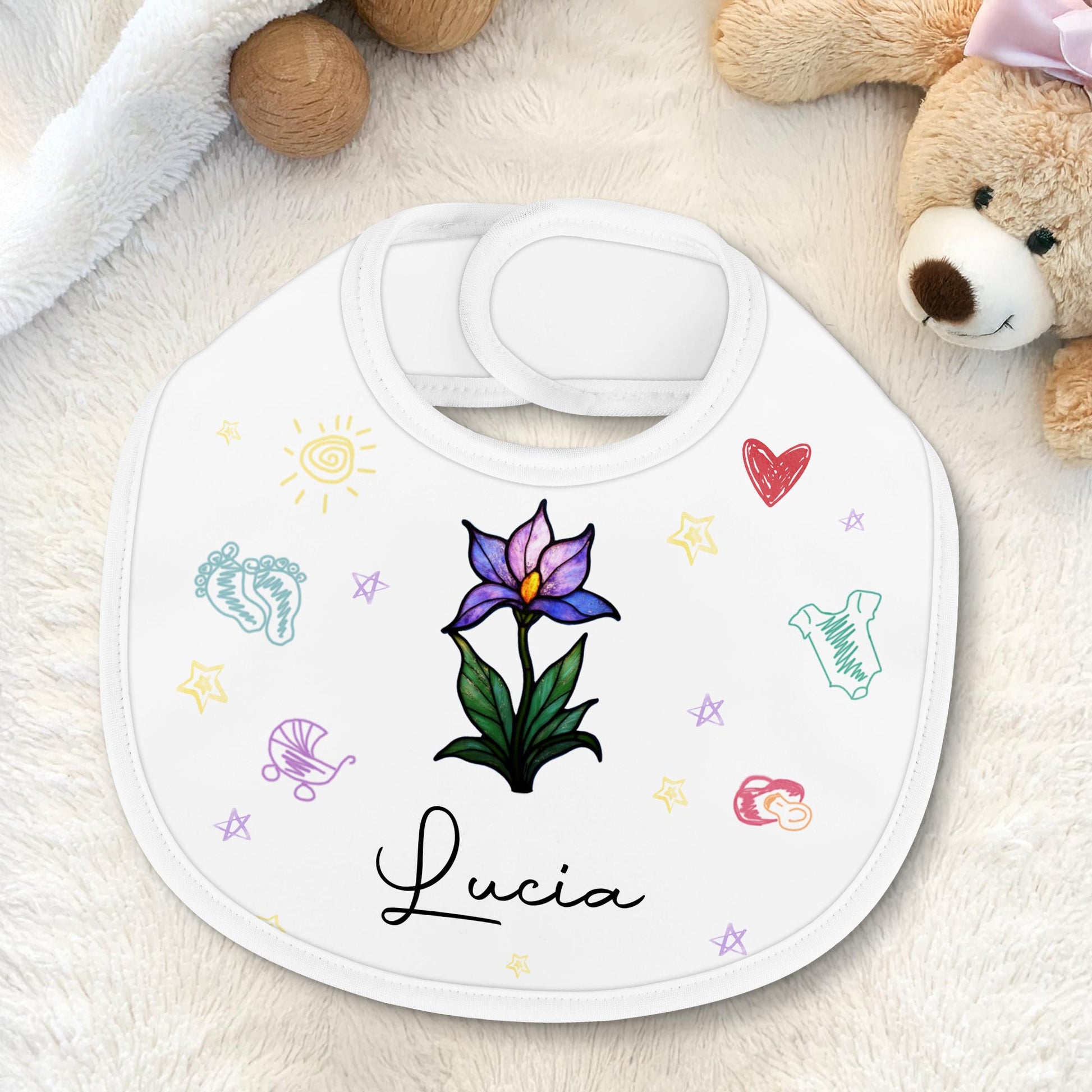 Beautiful Personalized Baby Bib Featuring Colorful Symbols