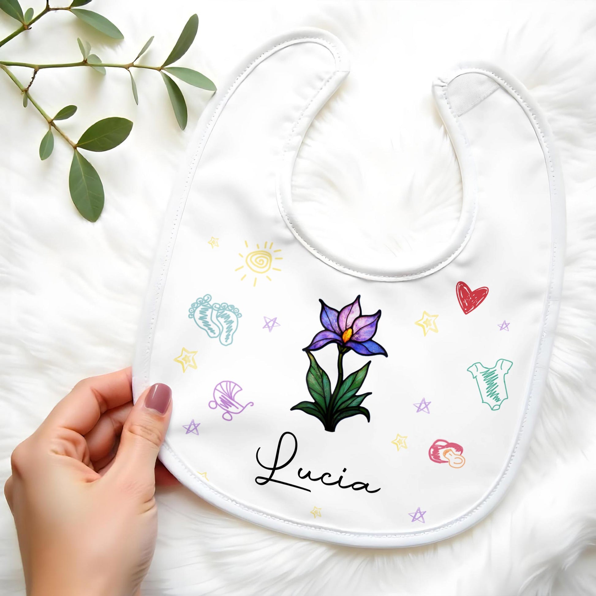 Beautiful Personalized Baby Bib Featuring Colorful Symbols