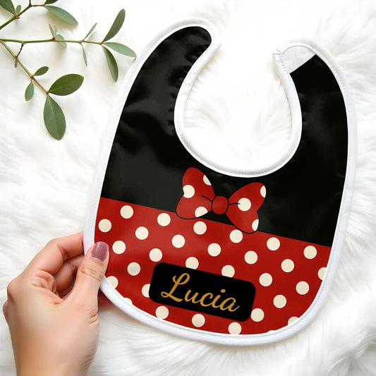 Red And Black Polka Dot Baby Bib With Bow Design