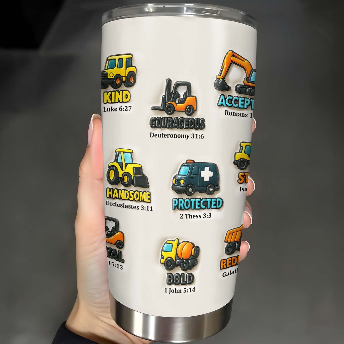 God Say I Am Accepted, Strong, Kind, Courageous, Handsome, Protected, Bold, Construction Vehicles - Personalized Custom Stainless Steel Tumbler 20oz 30oz - KID074_TB