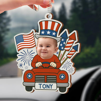 Customizable Ornament With Baby, Flags, And Fireworks