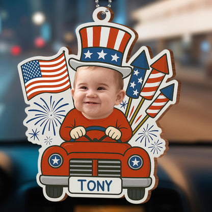 Customizable Ornament With Baby, Flags, And Fireworks