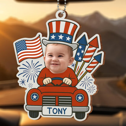 Customizable Ornament With Baby, Flags, And Fireworks