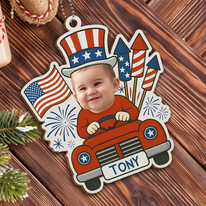 Customizable Ornament With Baby, Flags, And Fireworks