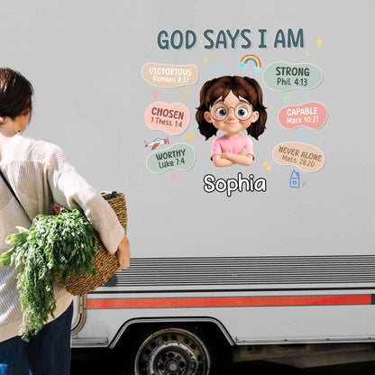God Says I Am, Girl And Bible Verses Decal - Personalized Decor Decal - KID090_STIK