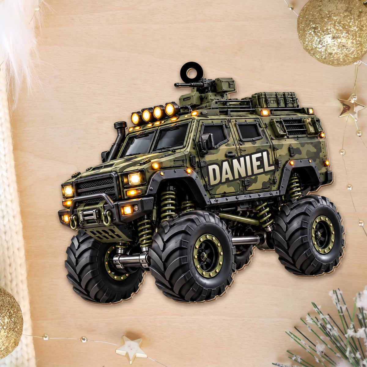 Ready For Adventure Military Armored Vehicle Monster Truck Design - Personalized Custom Wood Ornament, Custom Shaped - KID1008_WDO
