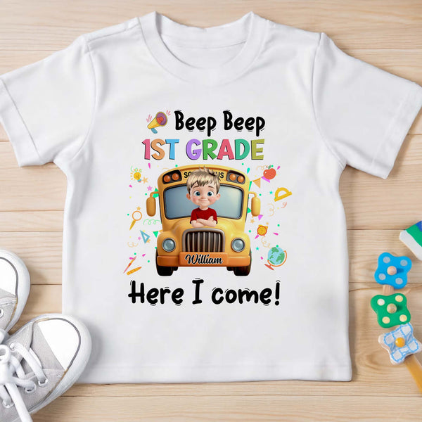 Diseño de autobús escolar "Biep Bip" de 1.er grado: ¡Aquí vengo! - Camiseta juvenil personalizada - KID116_WYOU