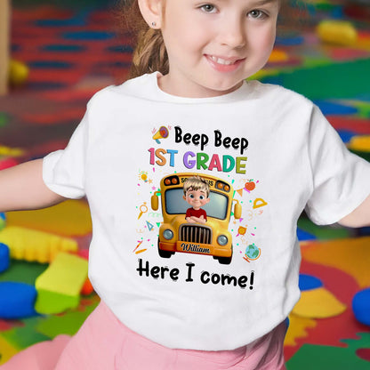 Beep Beep 1st Grade Here I Come School Bus Design - Personalized Custom Youth T-shirt - KID116_WYOU