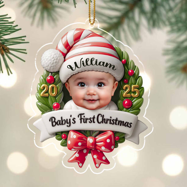 Baby's First Christmas, Baby and Christmas Wreath - Personalized Custom Acrylic Ornament, Christmas Gift - KID152_ACO