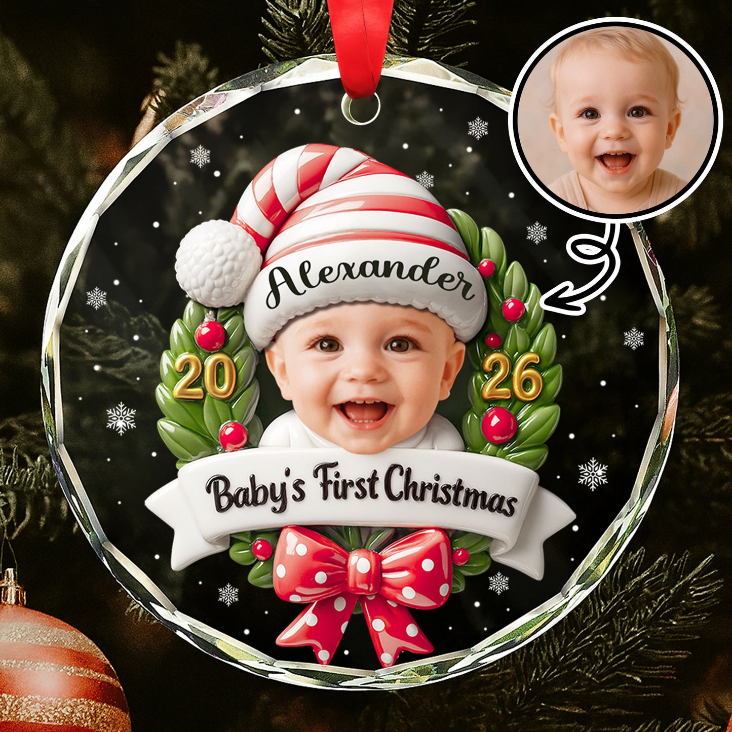 Baby's First Christmas Photo Wreath And Red Bow - Personalized Custom Circle Glass Ornament - KID152_CGOR