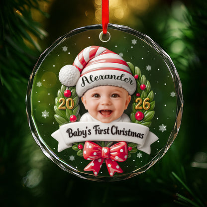 Baby's First Christmas Photo Wreath And Red Bow - Personalized Custom Circle Glass Ornament - KID152_CGOR