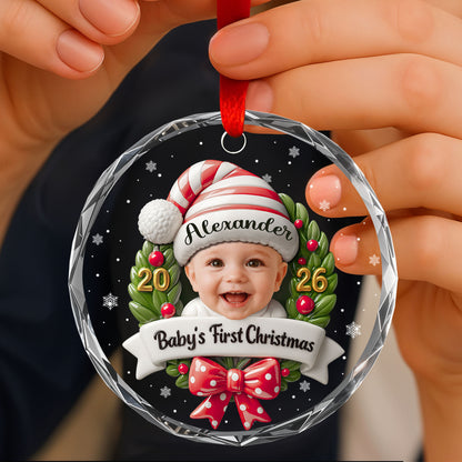 Baby's First Christmas Photo Wreath And Red Bow - Personalized Custom Circle Glass Ornament - KID152_CGOR