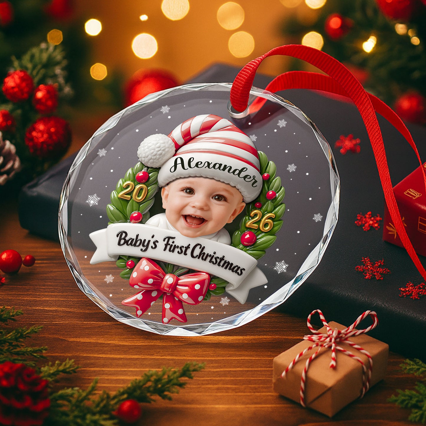 Baby's First Christmas Photo Wreath And Red Bow - Personalized Custom Circle Glass Ornament - KID152_CGOR