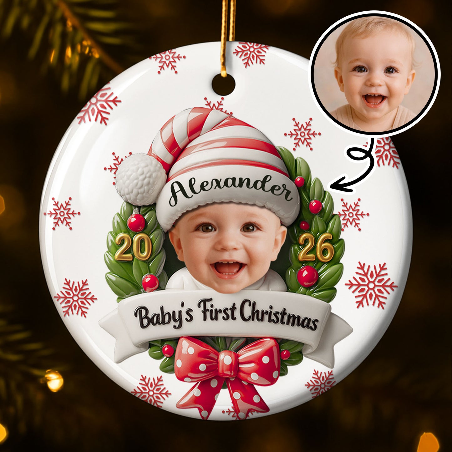 Baby's First Christmas With Photo Wreath And Santa Hat - Personalized Custom Ceramic Ornament With Round Shape - KID152_RCE