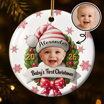 Baby's First Christmas With Photo Wreath And Santa Hat - Personalized Custom Ceramic Ornament With Round Shape - KID152_RCE