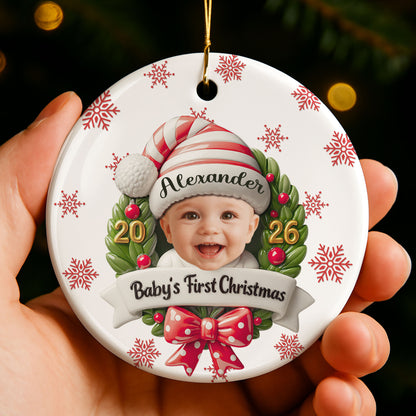 Baby's First Christmas With Photo Wreath And Santa Hat - Personalized Custom Ceramic Ornament With Round Shape - KID152_RCE