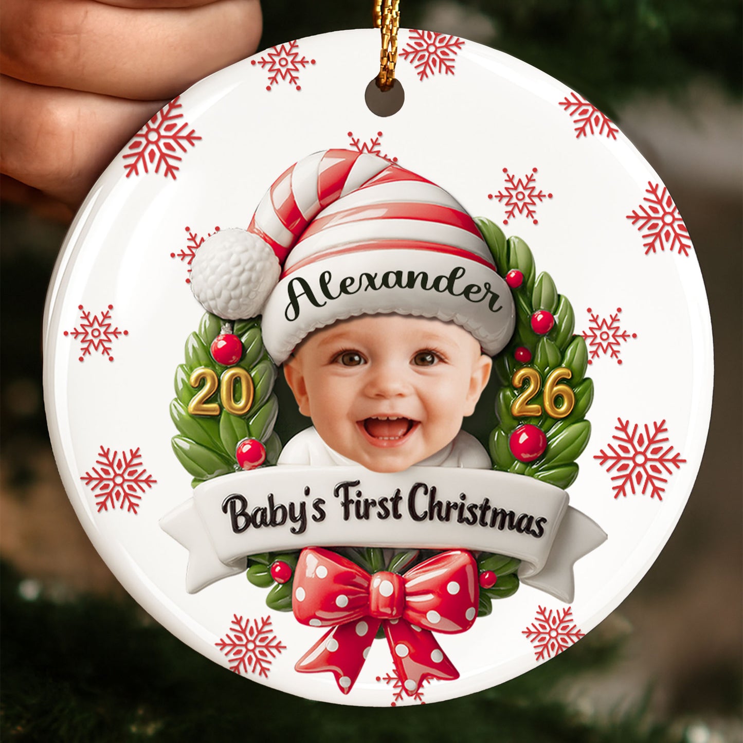 Baby's First Christmas With Photo Wreath And Santa Hat - Personalized Custom Ceramic Ornament With Round Shape - KID152_RCE