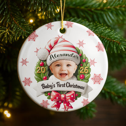 Baby's First Christmas With Photo Wreath And Santa Hat - Personalized Custom Ceramic Ornament With Round Shape - KID152_RCE
