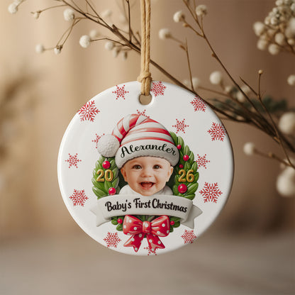 Baby's First Christmas With Photo Wreath And Santa Hat - Personalized Custom Ceramic Ornament With Round Shape - KID152_RCE