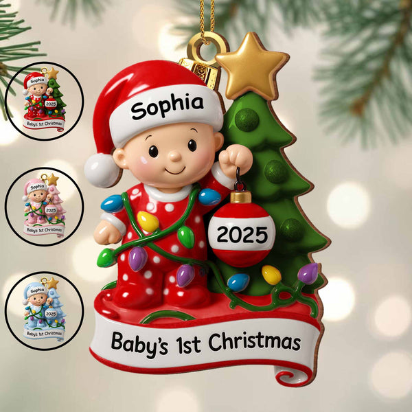 Baby's 1st Christmas With Festive Tree And Lights - Personalized Custom Wood Ornament, Custom Shaped - KID156_WDO