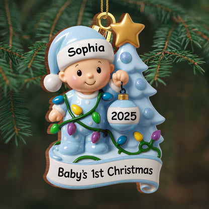 Baby's 1st Christmas With Festive Tree And Lights - Personalized Custom Wood Ornament, Custom Shaped - KID156_WDO