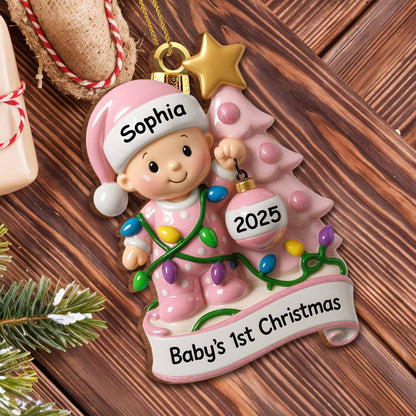 Baby's 1st Christmas With Festive Tree And Lights - Personalized Custom Wood Ornament, Custom Shaped - KID156_WDO