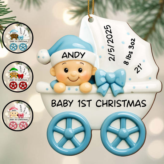 Baby 1st Christmas, Stroller And Bow - Personalized Custom Wood Ornament, Custom Shaped - KID158_WDO