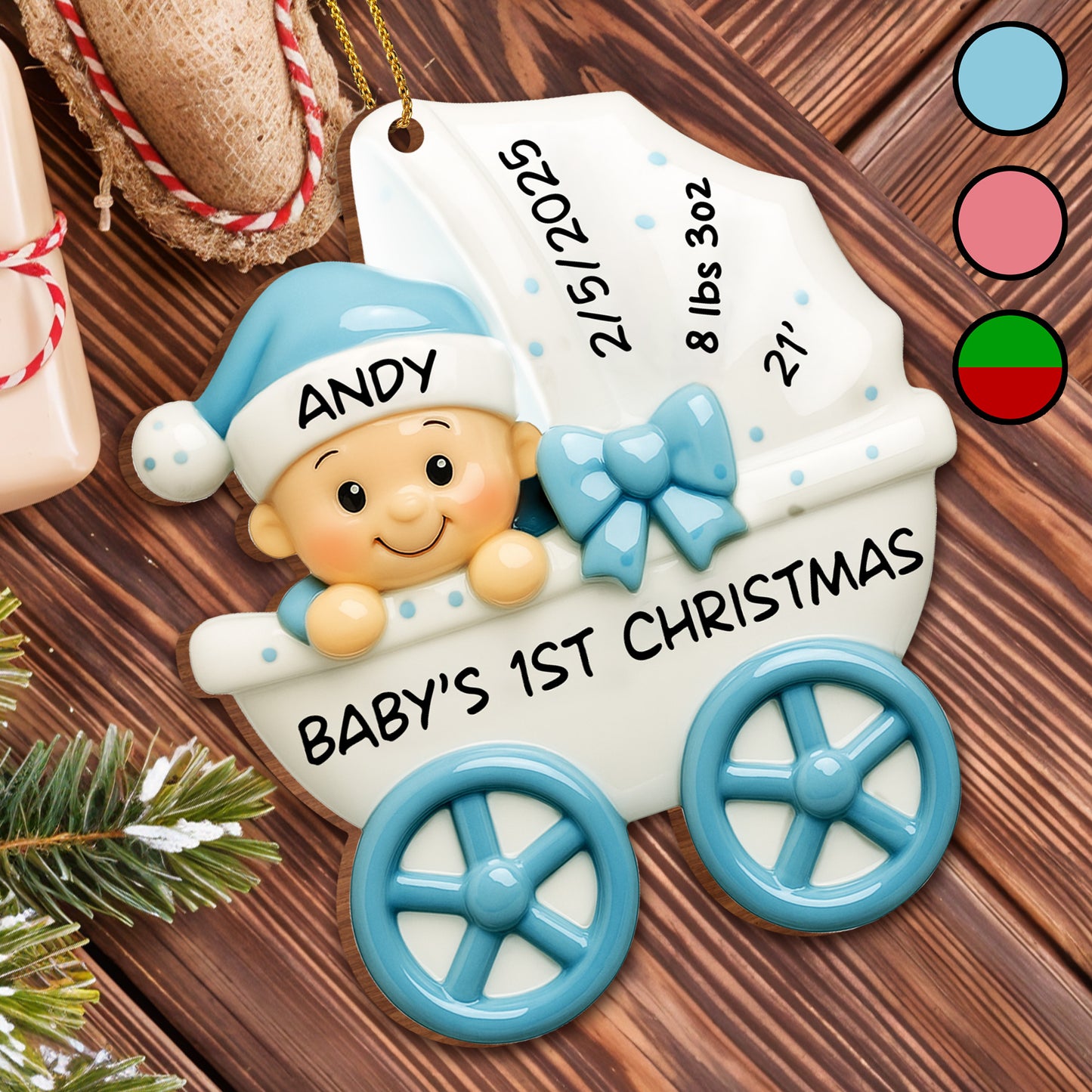 Bebé 1.ª Navidad, cochecito y lazo - Adorno de madera personalizado, forma personalizada - KID158_WDO