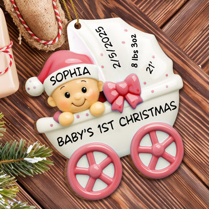 Bebé 1.ª Navidad, cochecito y lazo - Adorno de madera personalizado, forma personalizada - KID158_WDO