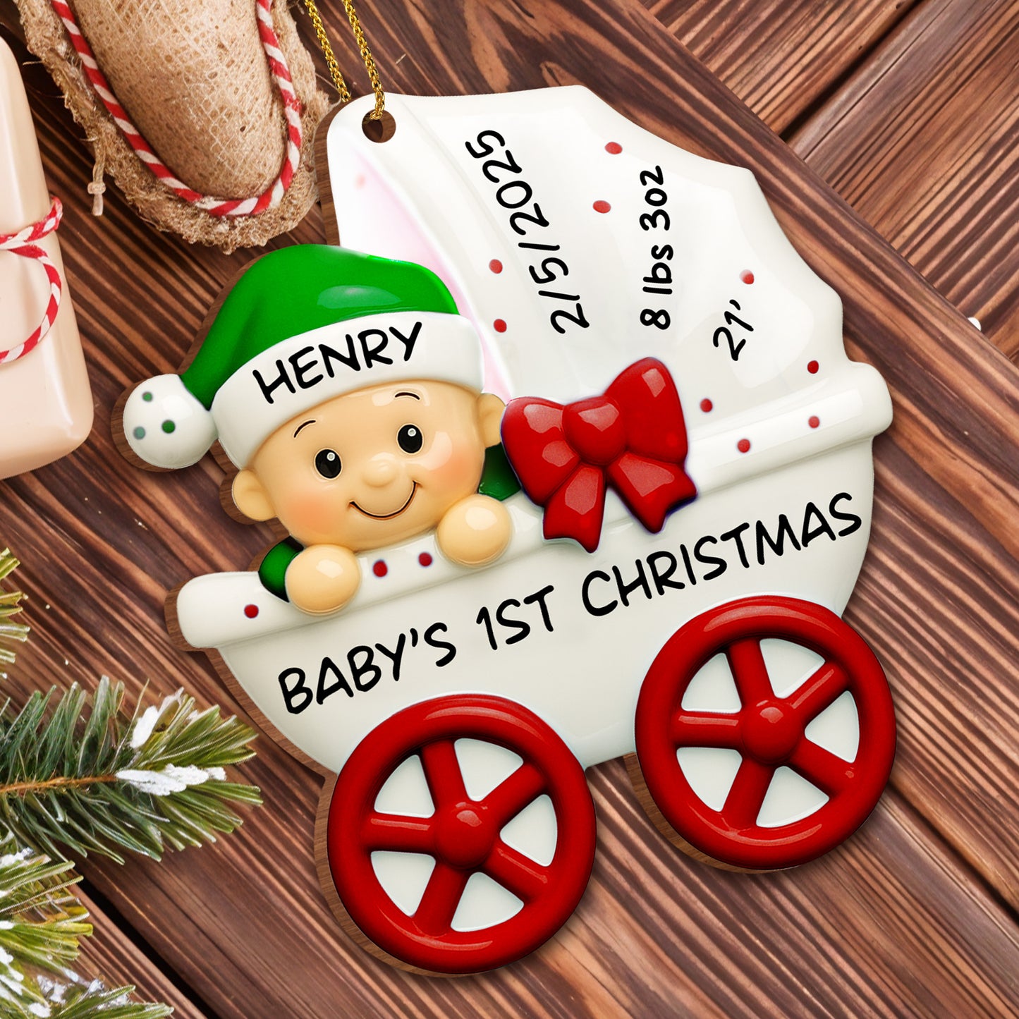 Bebé 1.ª Navidad, cochecito y lazo - Adorno de madera personalizado, forma personalizada - KID158_WDO