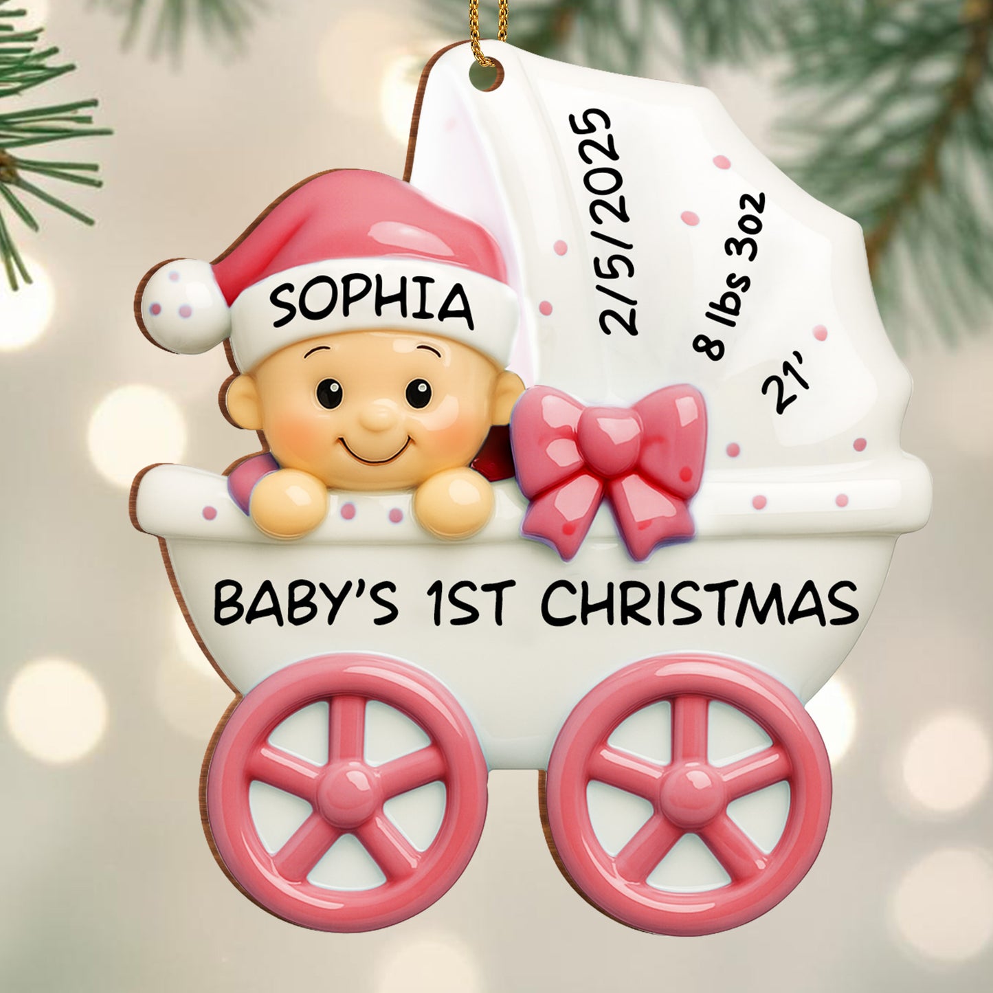 Bebé 1.ª Navidad, cochecito y lazo - Adorno de madera personalizado, forma personalizada - KID158_WDO