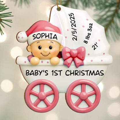 Bebé 1.ª Navidad, cochecito y lazo - Adorno de madera personalizado, forma personalizada - KID158_WDO