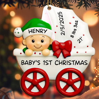 Bebé 1.ª Navidad, cochecito y lazo - Adorno de madera personalizado, forma personalizada - KID158_WDO
