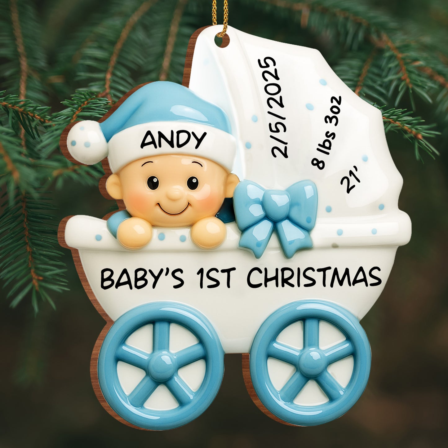 Bebé 1.ª Navidad, cochecito y lazo - Adorno de madera personalizado, forma personalizada - KID158_WDO