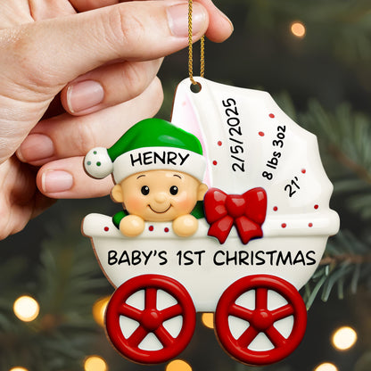Bebé 1.ª Navidad, cochecito y lazo - Adorno de madera personalizado, forma personalizada - KID158_WDO