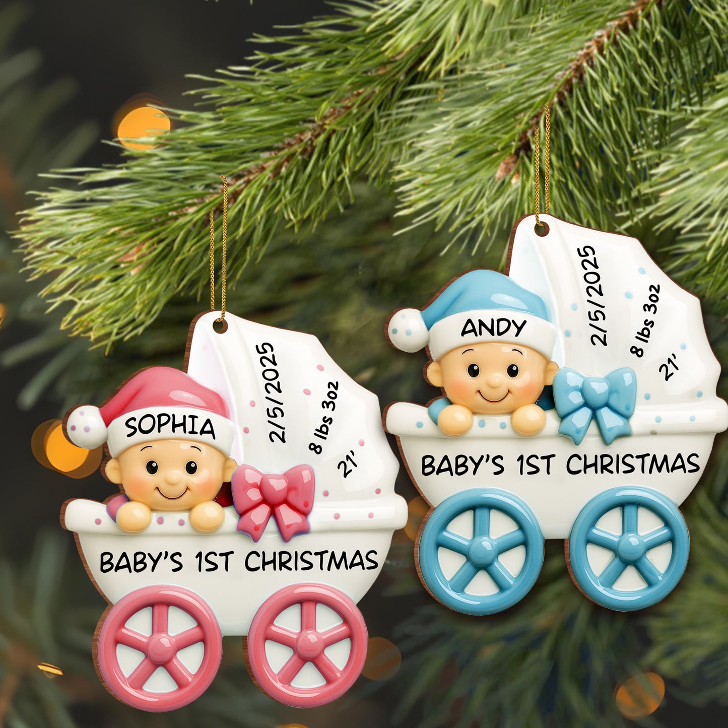 Bebé 1.ª Navidad, cochecito y lazo - Adorno de madera personalizado, forma personalizada - KID158_WDO