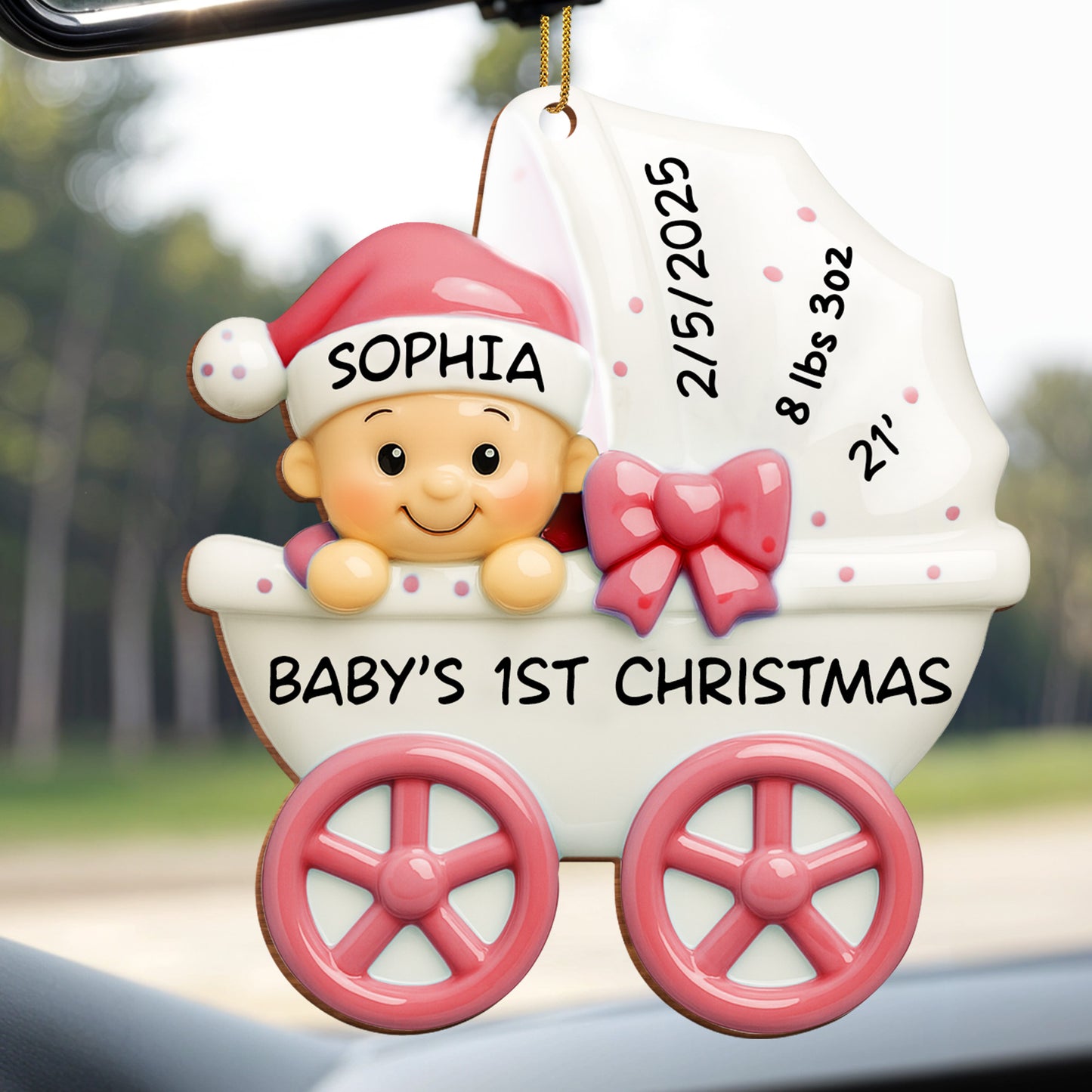 Bebé 1.ª Navidad, cochecito y lazo - Adorno de madera personalizado, forma personalizada - KID158_WDO