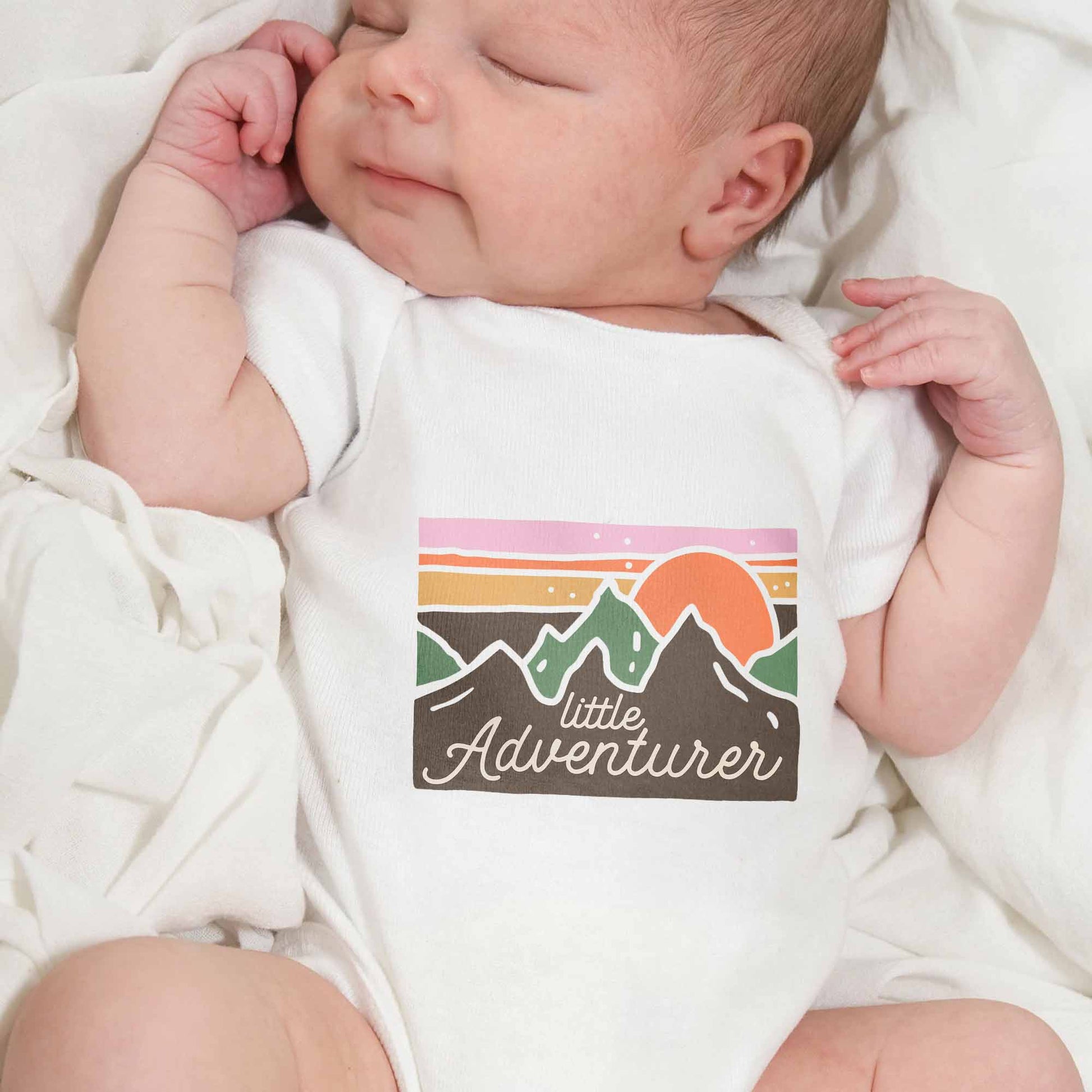 Little Adventurer Baby Onesie With Mountain And Sun Design