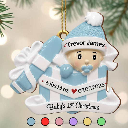 Baby's 1st Christmas, Gift Box and Christmas Hat - Personalized Custom Wood Ornament, Custom Shaped - KID165_WDO