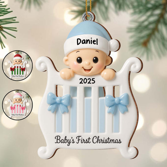 Baby's First Christmas With Crib and Bows - Personalized Custom Wood Ornament, Custom Shaped - KID179_WDO