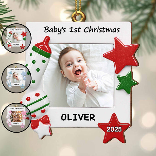 Celebrate Your Little One's First Christmas Baby Bottle and Stars - Personalized Custom Wood Ornament, Custom Shaped - KID182_WDO