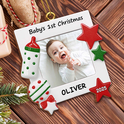 Celebrate Your Little One's First Christmas Baby Bottle and Stars - Personalized Custom Wood Ornament, Custom Shaped - KID182_WDO
