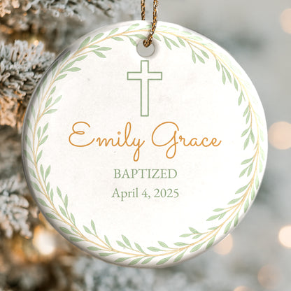 Baptized, Beautiful Keepsake With Cross And Leaves - Personalized Custom Ceramic Ornament With Round Shape - KID214_RCE