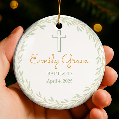 Baptized, Beautiful Keepsake With Cross And Leaves - Personalized Custom Ceramic Ornament With Round Shape - KID214_RCE