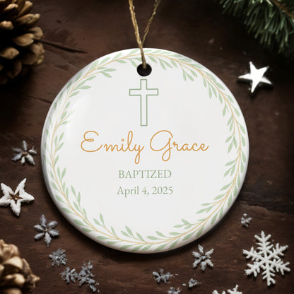 Baptized, Beautiful Keepsake With Cross And Leaves - Personalized Custom Ceramic Ornament With Round Shape - KID214_RCE