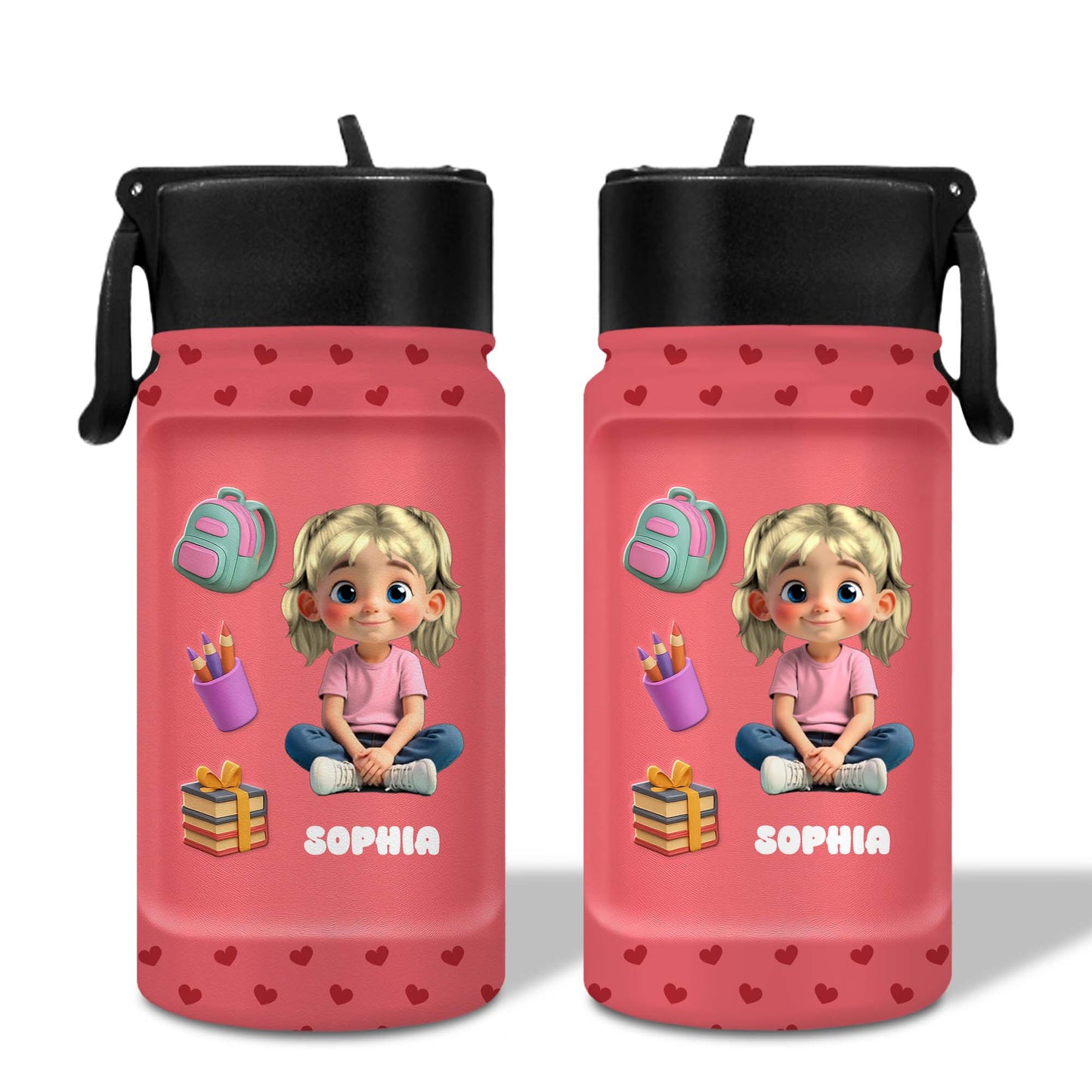 Personalized Water Bottle with Backpack and Colored Pencils