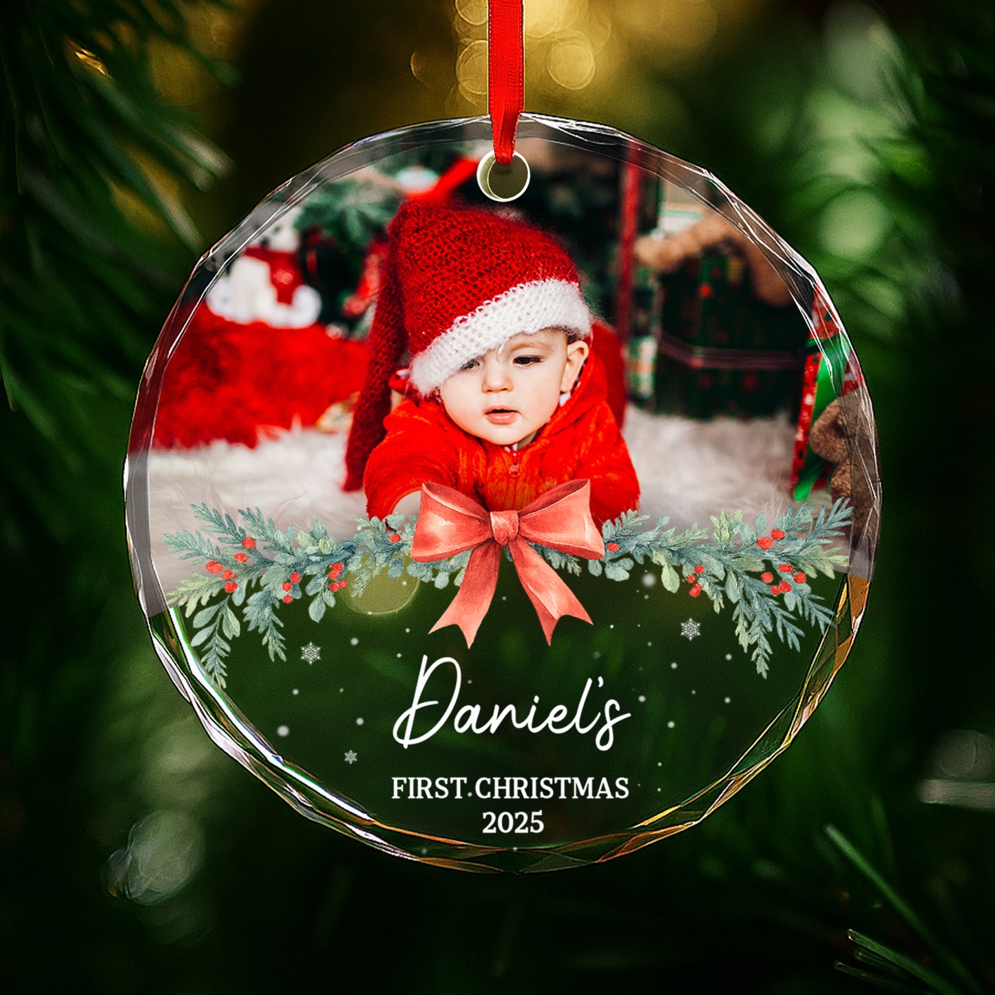 First Christmas With Adorable Santa Hat And Red Bow