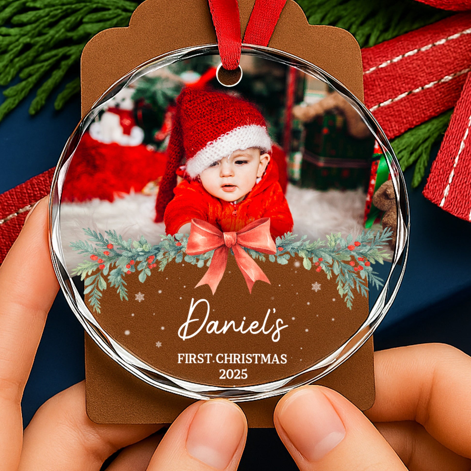 First Christmas With Adorable Santa Hat And Red Bow