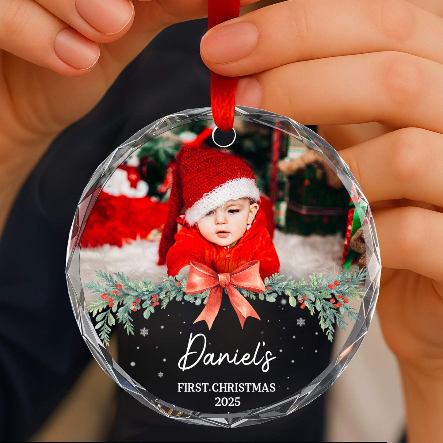 First Christmas With Adorable Santa Hat And Red Bow